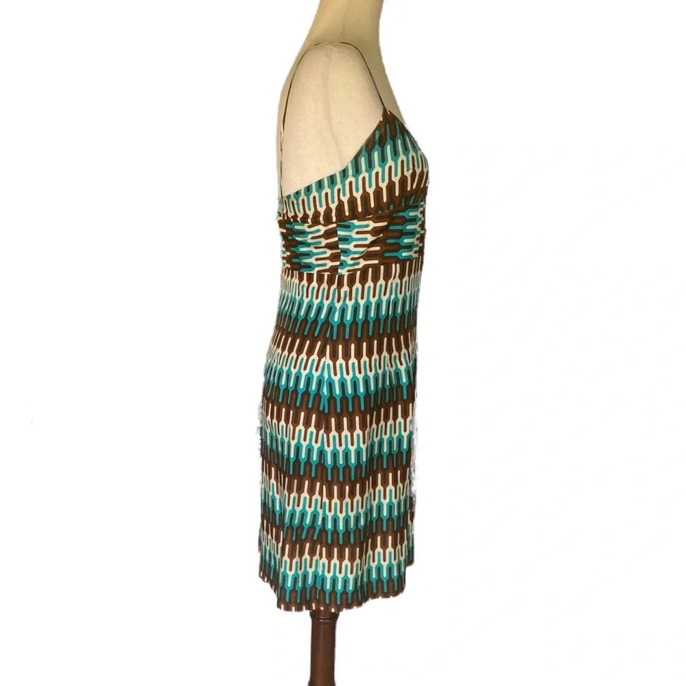 Milly of NY Silk Teal Green Brown Geometric Sheath Slip Column Dress - 6